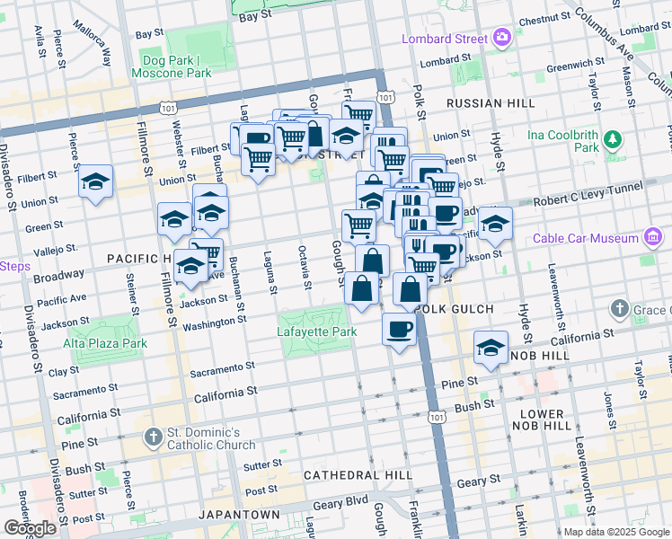 map of restaurants, bars, coffee shops, grocery stores, and more near 2215 Gough Street in San Francisco