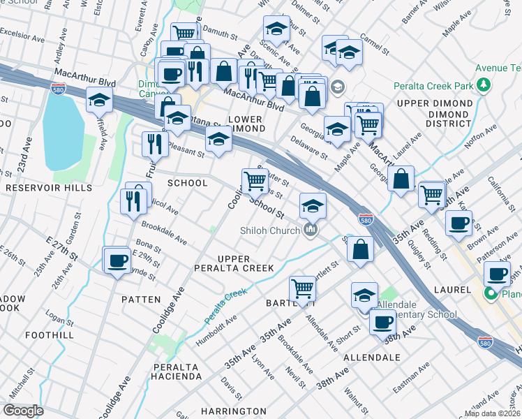 map of restaurants, bars, coffee shops, grocery stores, and more near 3108 School Street in Oakland