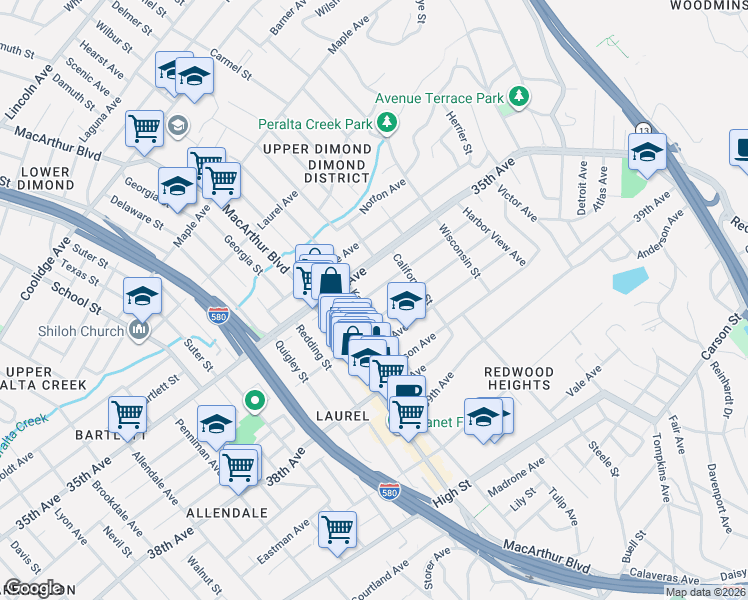 map of restaurants, bars, coffee shops, grocery stores, and more near 3743 Loma Vista Avenue in Oakland