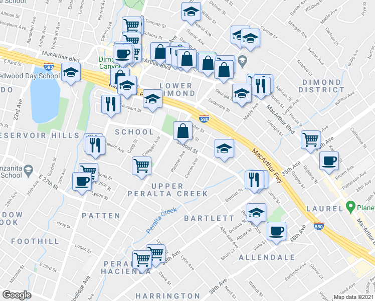 map of restaurants, bars, coffee shops, grocery stores, and more near 3108 School Street in Oakland