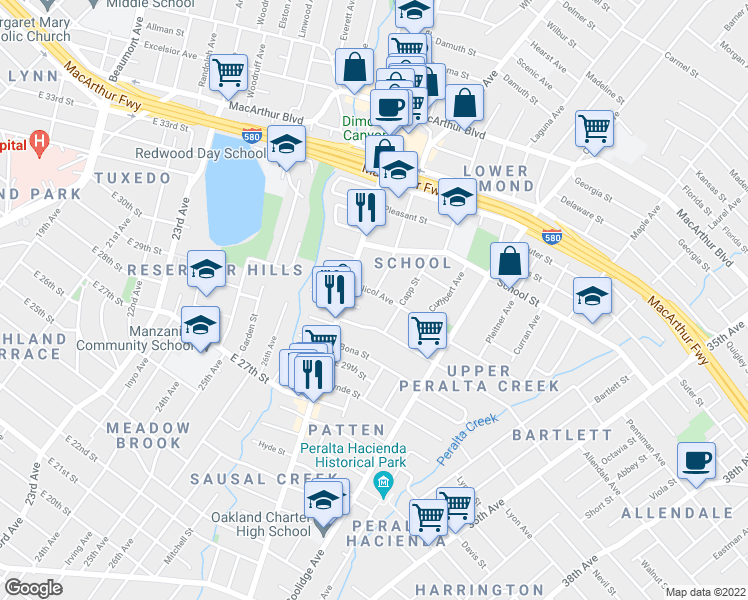 map of restaurants, bars, coffee shops, grocery stores, and more near 2819 Nicol Avenue in Oakland