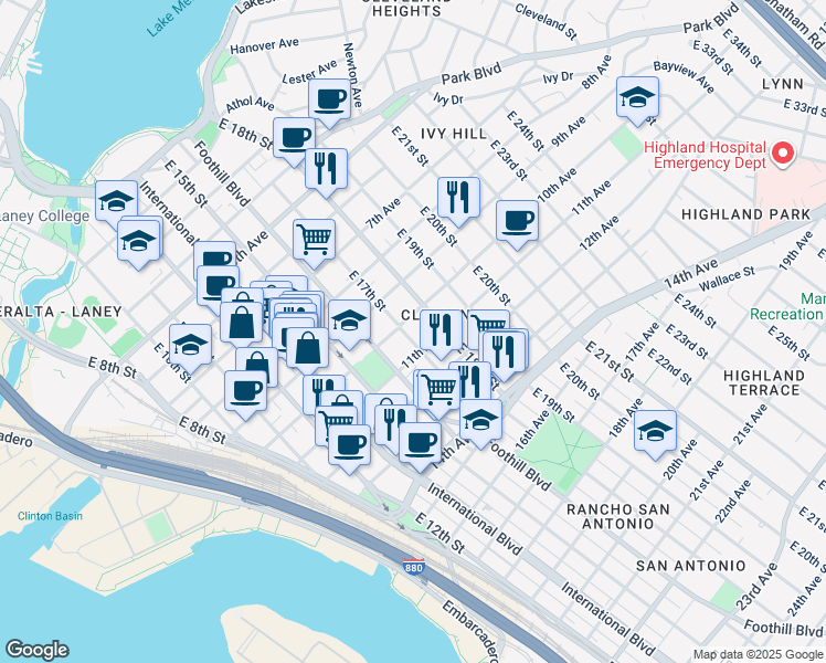 map of restaurants, bars, coffee shops, grocery stores, and more near 1650 10th Avenue in Oakland