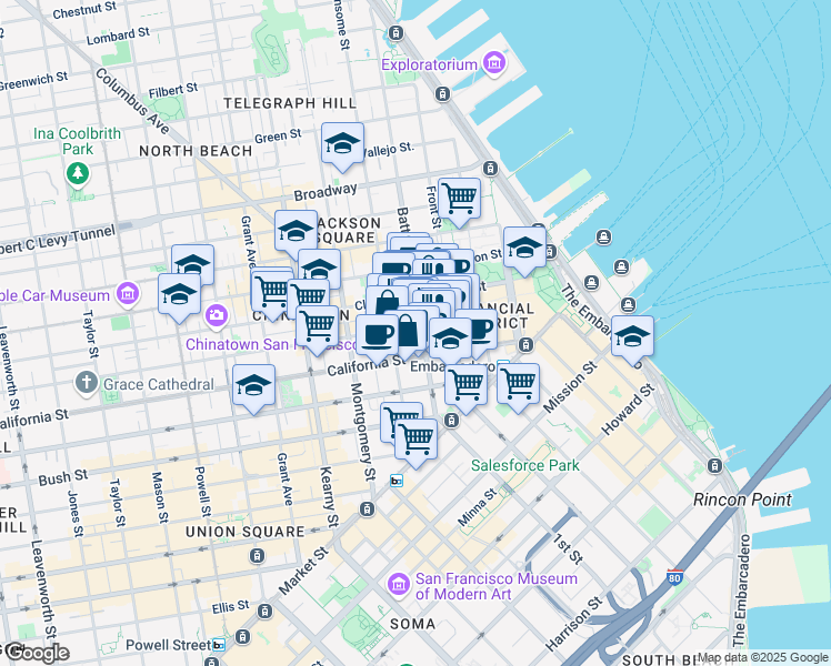 map of restaurants, bars, coffee shops, grocery stores, and more near 300 Battery Street in San Francisco
