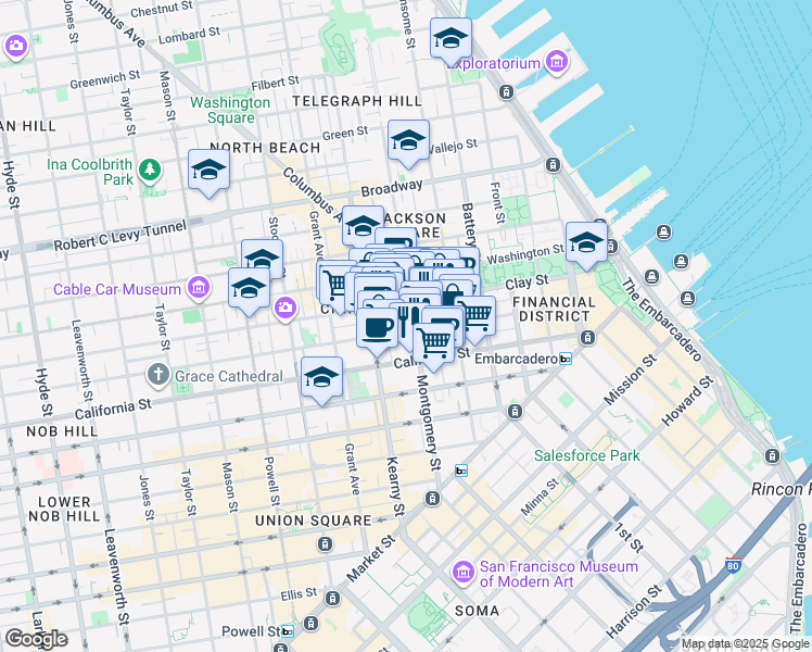 map of restaurants, bars, coffee shops, grocery stores, and more near 642 Commercial Street in San Francisco