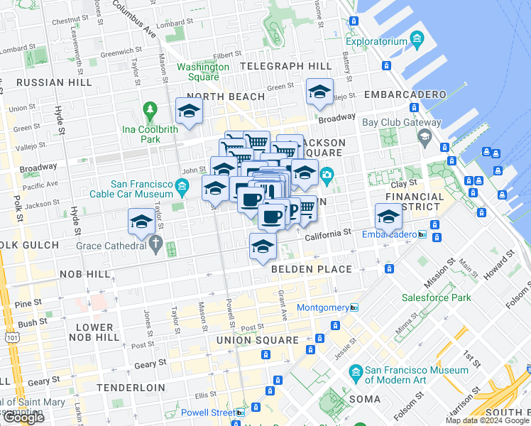 map of restaurants, bars, coffee shops, grocery stores, and more near 736 Grant Avenue in San Francisco