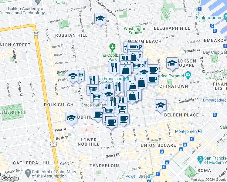map of restaurants, bars, coffee shops, grocery stores, and more near in San Francisco