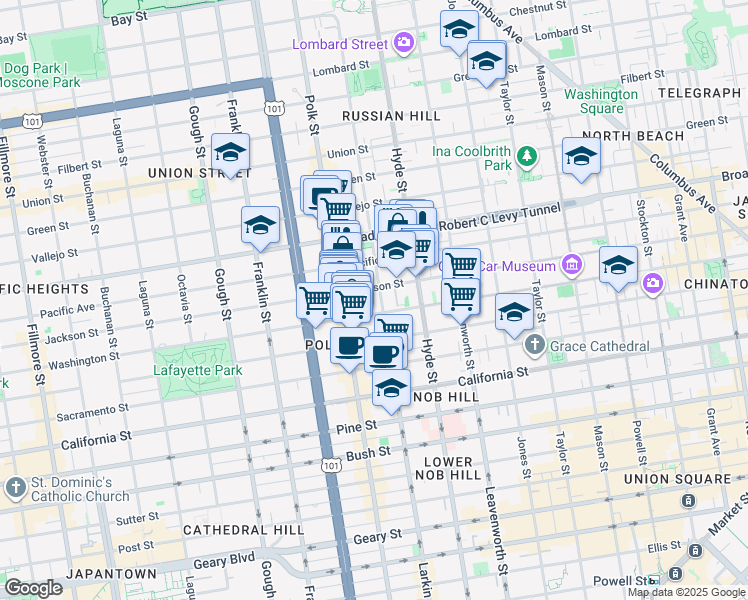 map of restaurants, bars, coffee shops, grocery stores, and more near 1664 Larkin Street in San Francisco