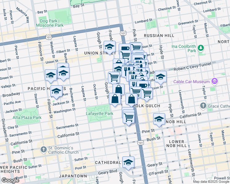 map of restaurants, bars, coffee shops, grocery stores, and more near 1830 Jackson Street in San Francisco