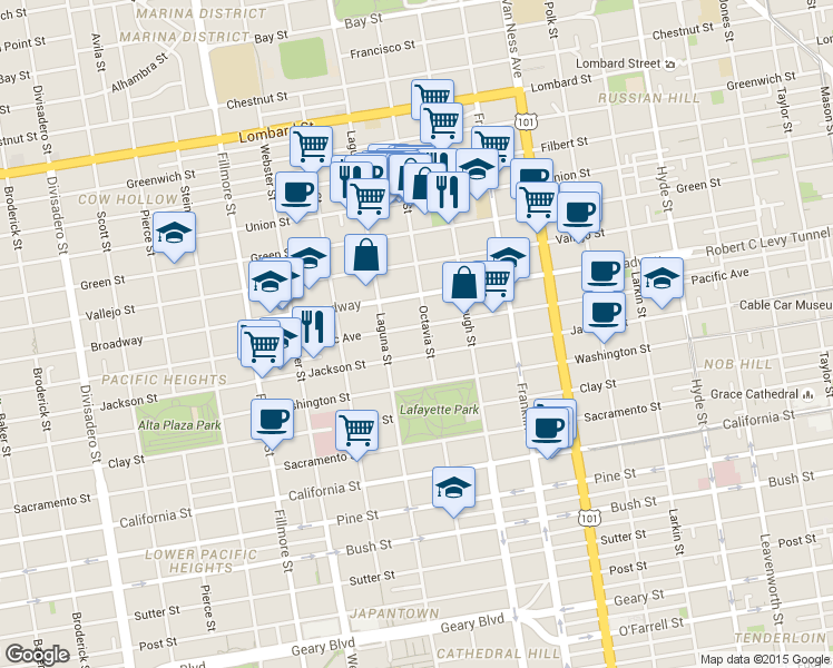 map of restaurants, bars, coffee shops, grocery stores, and more near 2007 Pacific Avenue in San Francisco