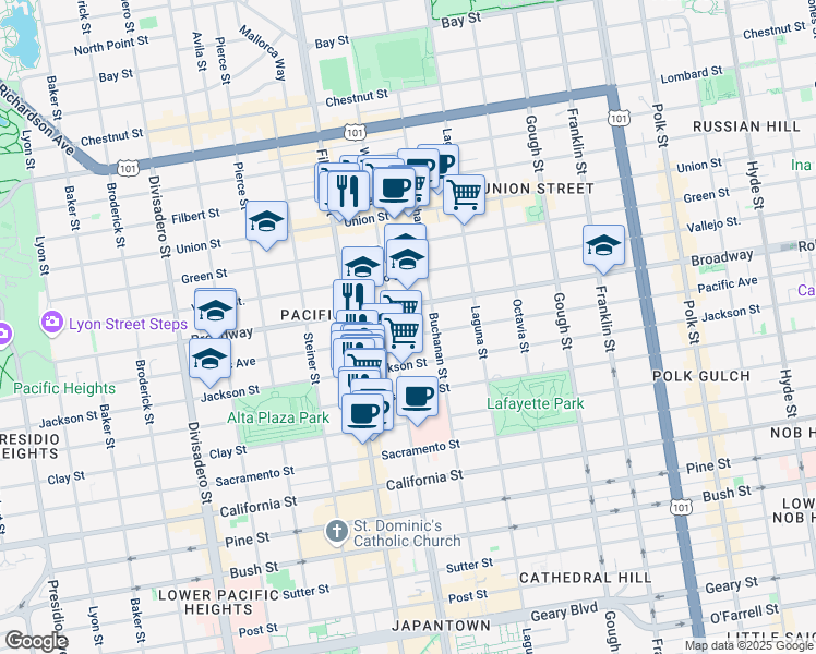 map of restaurants, bars, coffee shops, grocery stores, and more near 2298 Pacific Avenue in San Francisco