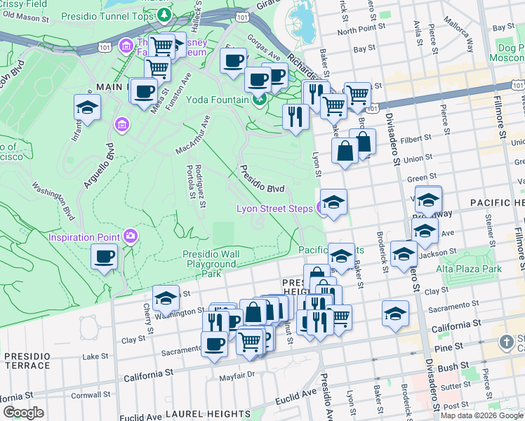map of restaurants, bars, coffee shops, grocery stores, and more near 725 Sibley Road in San Francisco