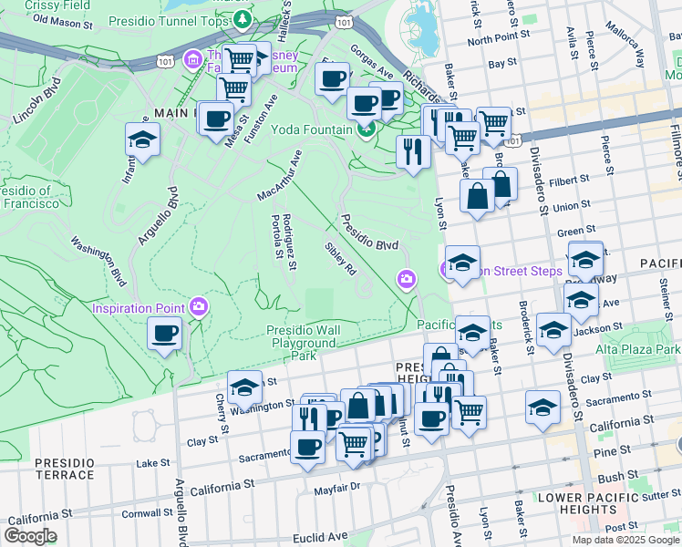 map of restaurants, bars, coffee shops, grocery stores, and more near 725 Sibley Road in San Francisco