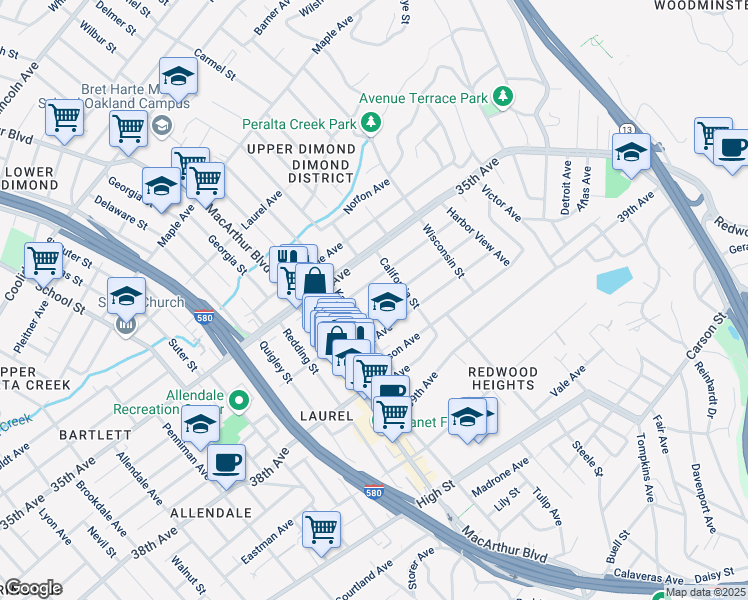 map of restaurants, bars, coffee shops, grocery stores, and more near 3743 Loma Vista Avenue in Oakland