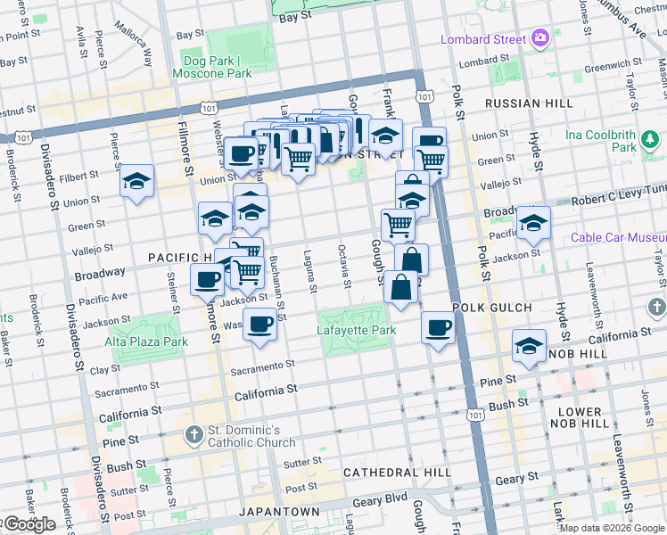 map of restaurants, bars, coffee shops, grocery stores, and more near 2007 Pacific Avenue in San Francisco