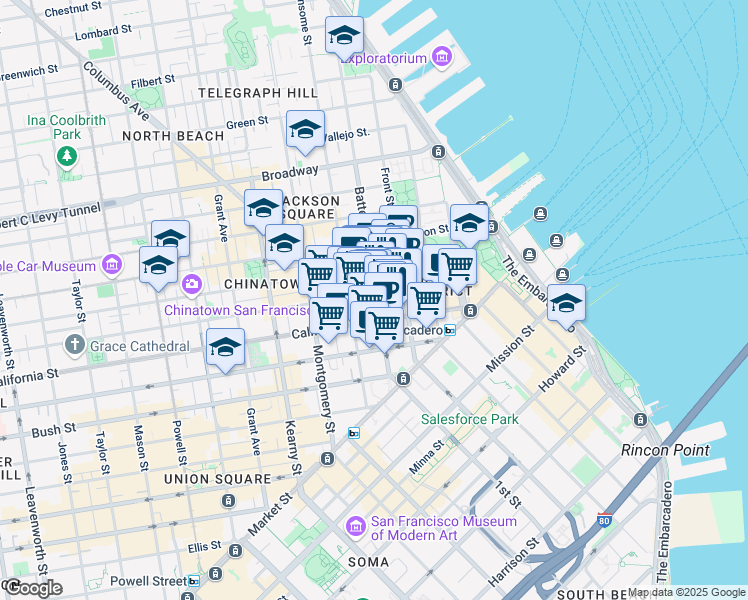 map of restaurants, bars, coffee shops, grocery stores, and more near 275 Battery Street in San Francisco