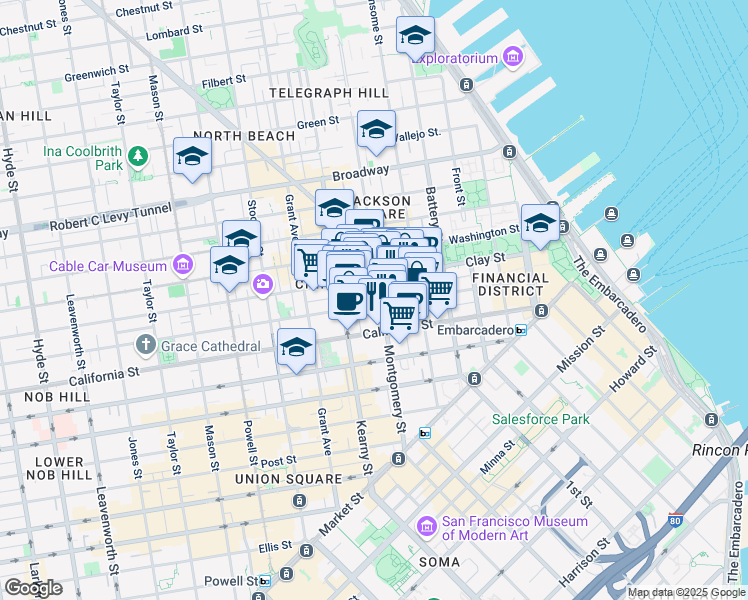 map of restaurants, bars, coffee shops, grocery stores, and more near 505 Montgomery Street in San Francisco