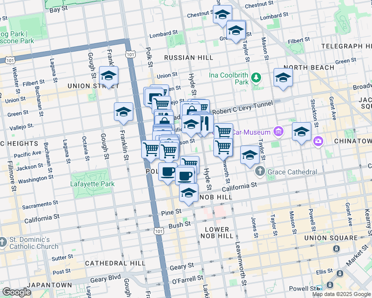 map of restaurants, bars, coffee shops, grocery stores, and more near 1664 Larkin Street in San Francisco