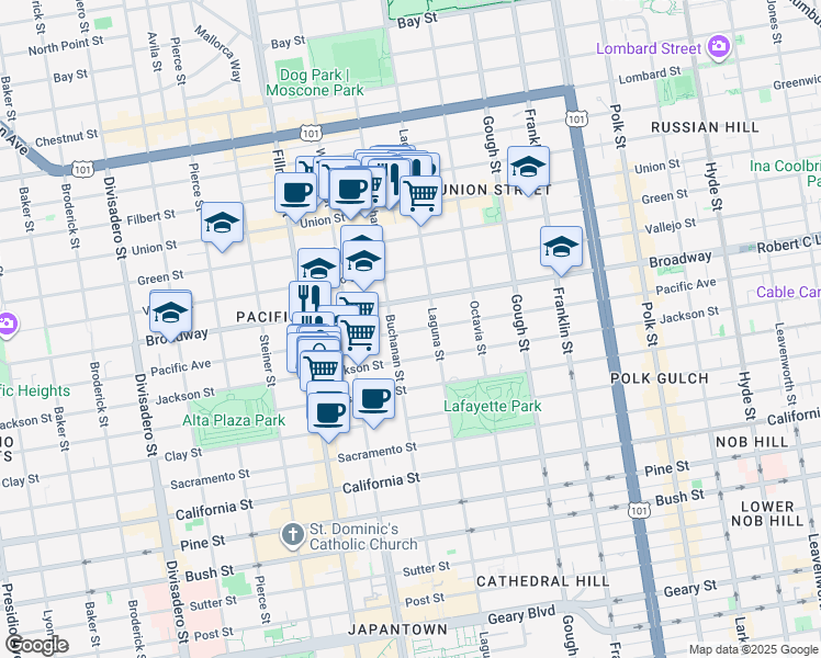 map of restaurants, bars, coffee shops, grocery stores, and more near 2602 Buchanan Street in San Francisco