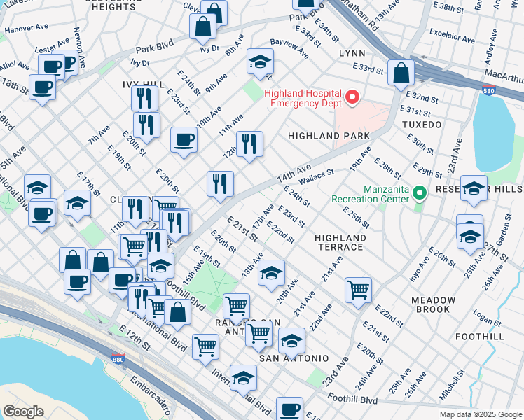 map of restaurants, bars, coffee shops, grocery stores, and more near 1622 East 22nd Street in Oakland