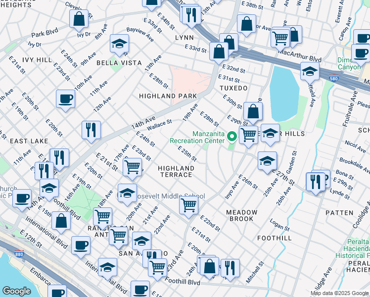 map of restaurants, bars, coffee shops, grocery stores, and more near 2010 East 25th Street in Oakland
