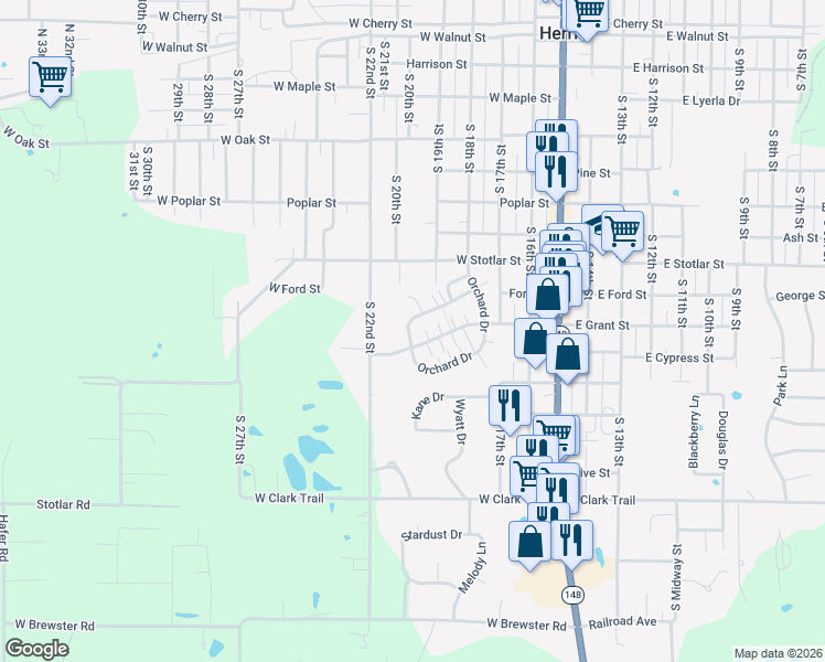map of restaurants, bars, coffee shops, grocery stores, and more near 26 Orchard Drive in Herrin