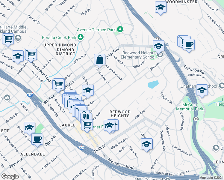 map of restaurants, bars, coffee shops, grocery stores, and more near 3960 Patterson Avenue in Oakland