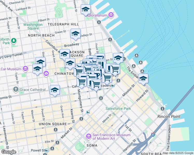 map of restaurants, bars, coffee shops, grocery stores, and more near 300 Battery Street in San Francisco