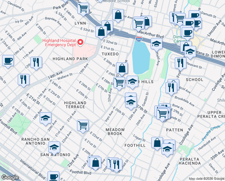 map of restaurants, bars, coffee shops, grocery stores, and more near 2708 22nd Avenue in Oakland