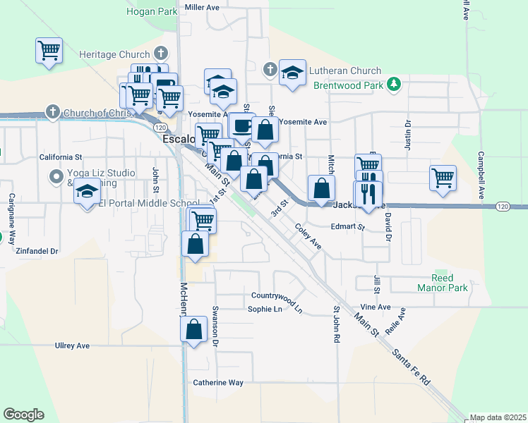 map of restaurants, bars, coffee shops, grocery stores, and more near 1850 Main Street in Escalon