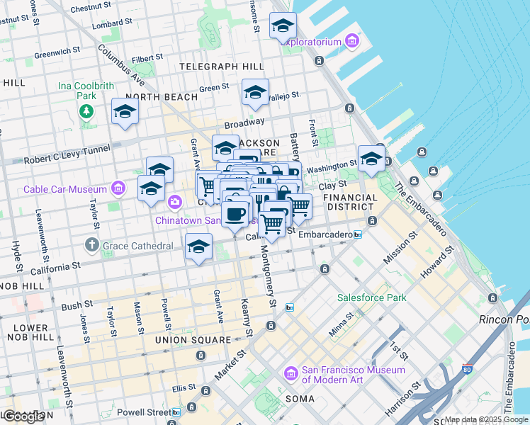 map of restaurants, bars, coffee shops, grocery stores, and more near 642 Commercial Street in San Francisco
