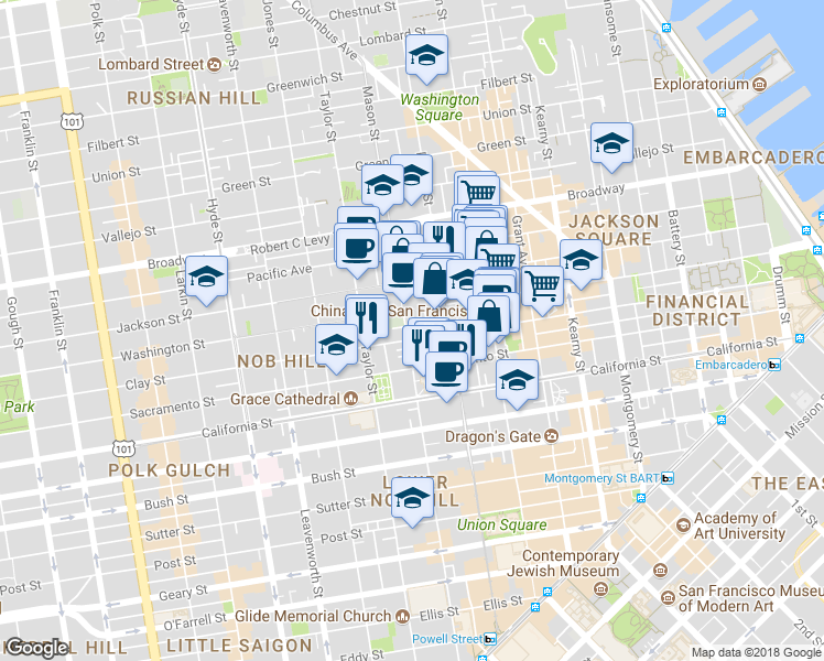 map of restaurants, bars, coffee shops, grocery stores, and more near 115 Wetmore Street in San Francisco