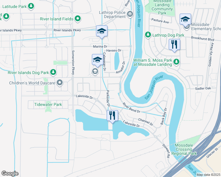 map of restaurants, bars, coffee shops, grocery stores, and more near 1001 Berkshire Court in Lathrop
