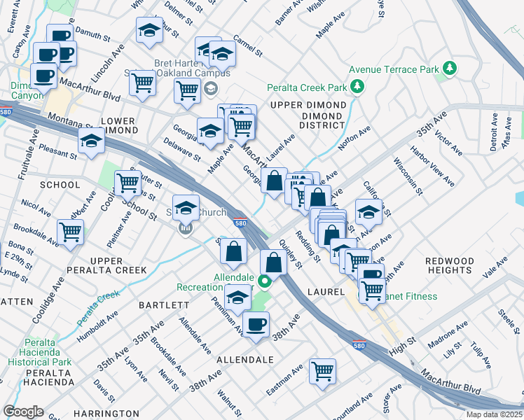 map of restaurants, bars, coffee shops, grocery stores, and more near 3275 Dakota Street in Oakland