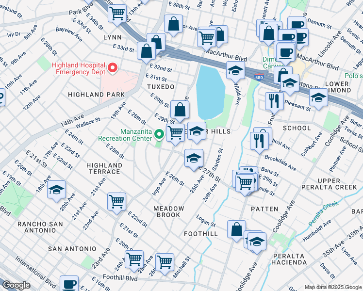 map of restaurants, bars, coffee shops, grocery stores, and more near 2725 Inyo Avenue in Oakland