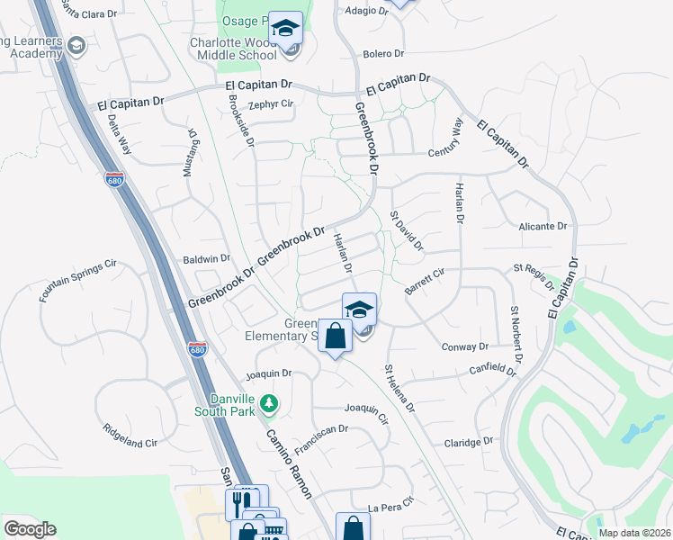 map of restaurants, bars, coffee shops, grocery stores, and more near 110 Sherburne Court in Danville
