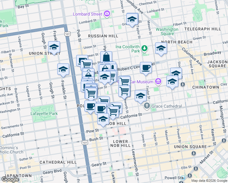 map of restaurants, bars, coffee shops, grocery stores, and more near 1465 Hyde Street in San Francisco