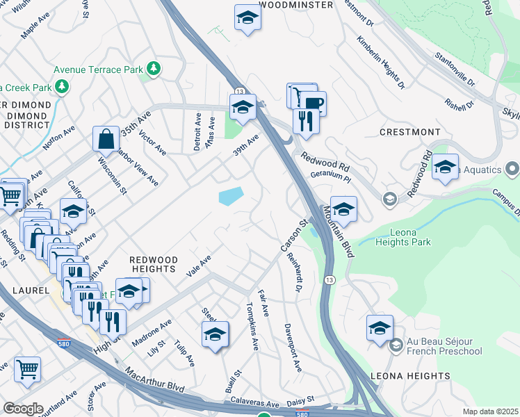 map of restaurants, bars, coffee shops, grocery stores, and more near 4146 Gregory Street in Oakland