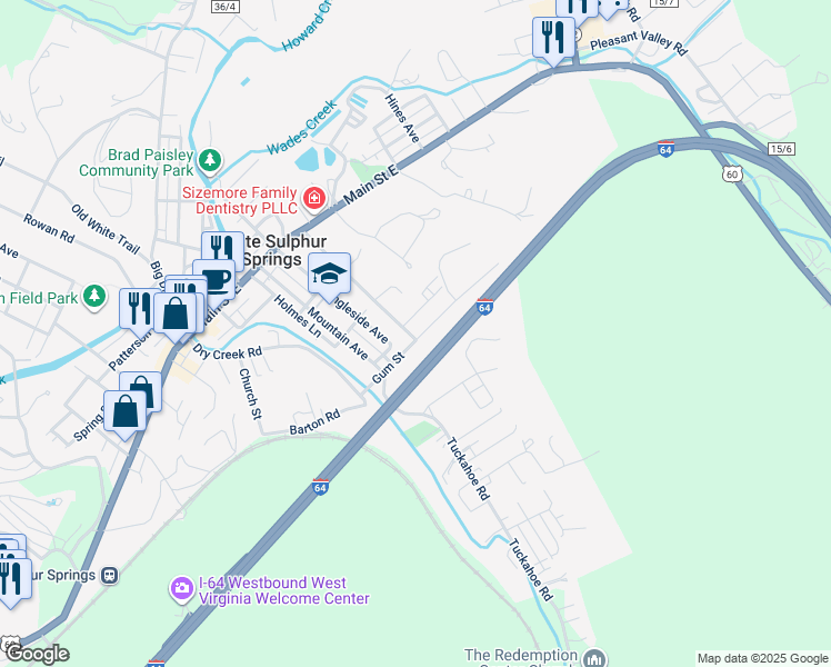 map of restaurants, bars, coffee shops, grocery stores, and more near 273 Gum St in White Sulphur Springs