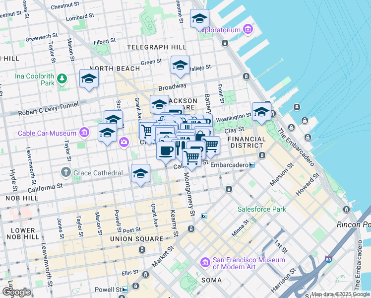 map of restaurants, bars, coffee shops, grocery stores, and more near 642 Commercial Street in San Francisco