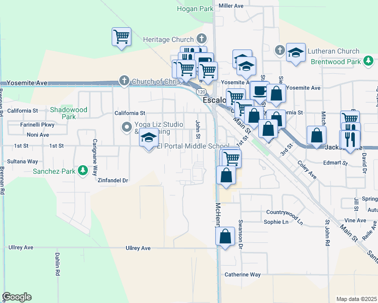 map of restaurants, bars, coffee shops, grocery stores, and more near 1717 Gwendolyn St in Escalon