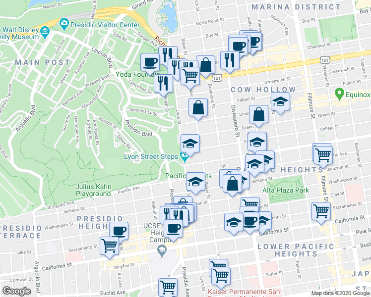 map of restaurants, bars, coffee shops, grocery stores, and more near 2990 Vallejo Street in San Francisco