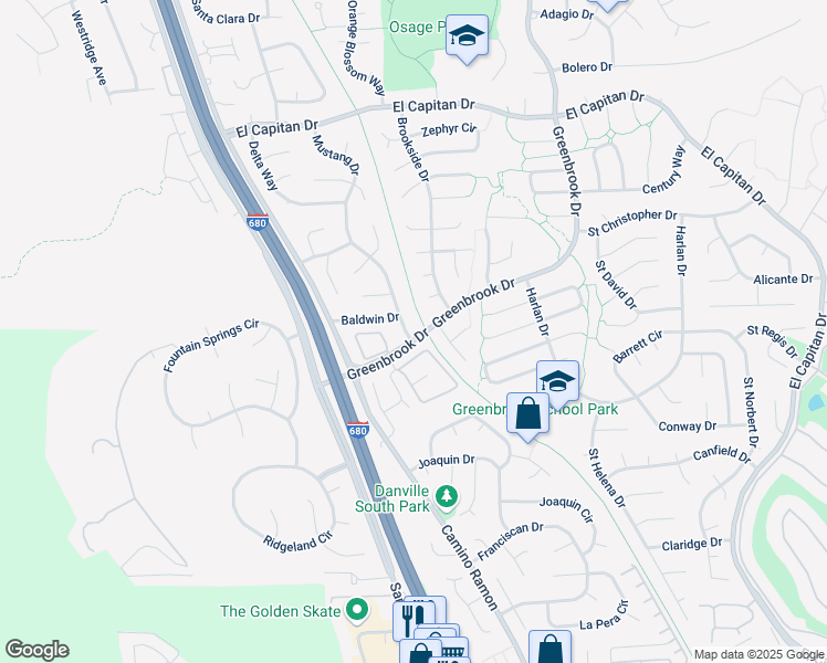map of restaurants, bars, coffee shops, grocery stores, and more near 1396 Mustang Drive in Danville