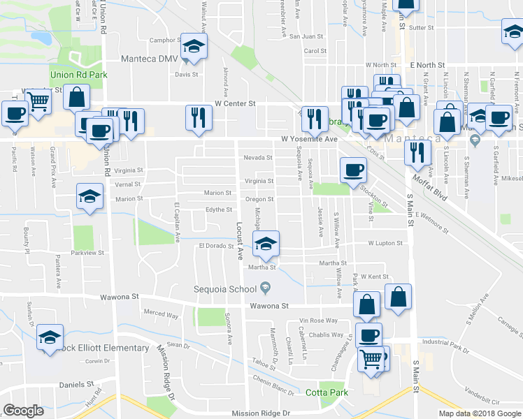map of restaurants, bars, coffee shops, grocery stores, and more near 416 Michigan Avenue in Manteca