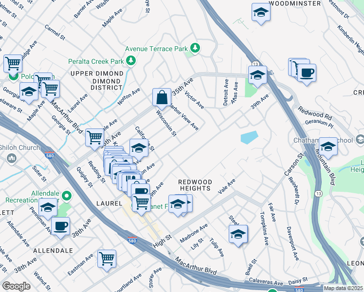 map of restaurants, bars, coffee shops, grocery stores, and more near 3960 Patterson Avenue in Oakland