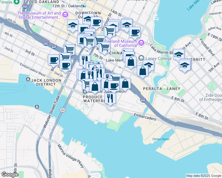 map of restaurants, bars, coffee shops, grocery stores, and more near 311 Oak Street in Oakland