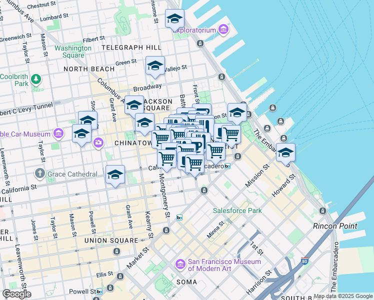 map of restaurants, bars, coffee shops, grocery stores, and more near 300 Battery Street in San Francisco