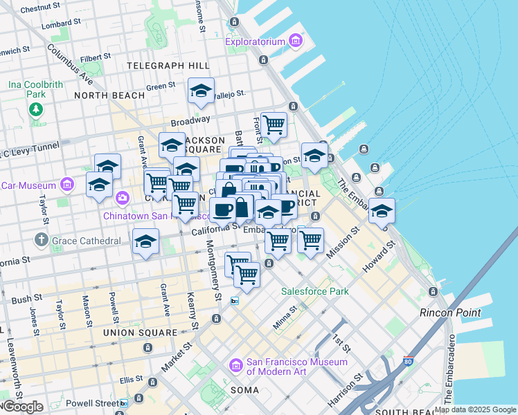 map of restaurants, bars, coffee shops, grocery stores, and more near 353 Sacramento Street in San Francisco