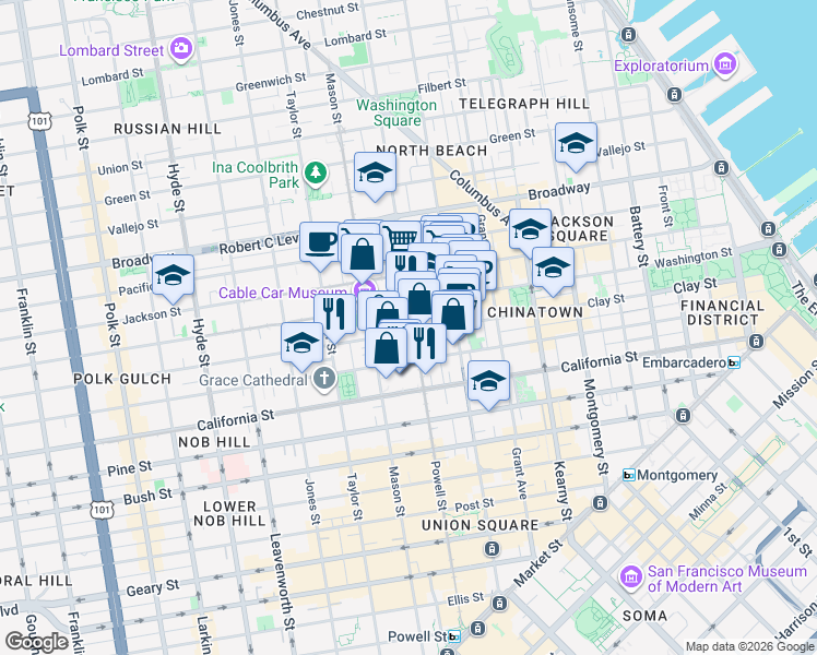 map of restaurants, bars, coffee shops, grocery stores, and more near 115 Wetmore Street in San Francisco