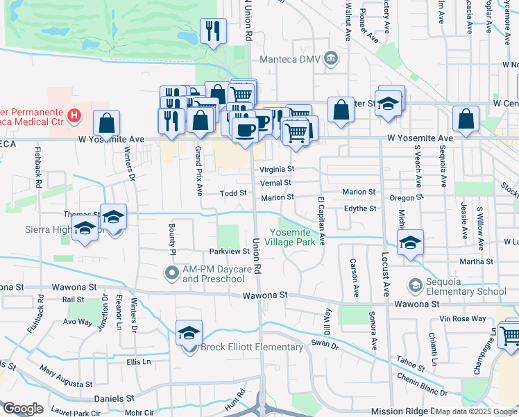 map of restaurants, bars, coffee shops, grocery stores, and more near 488 South Union Road in Manteca
