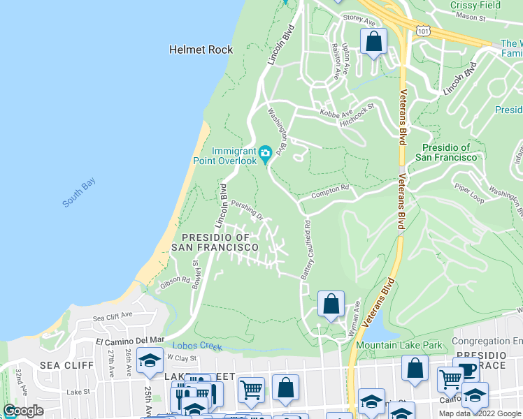 map of restaurants, bars, coffee shops, grocery stores, and more near 1560 Pershing Drive in San Francisco